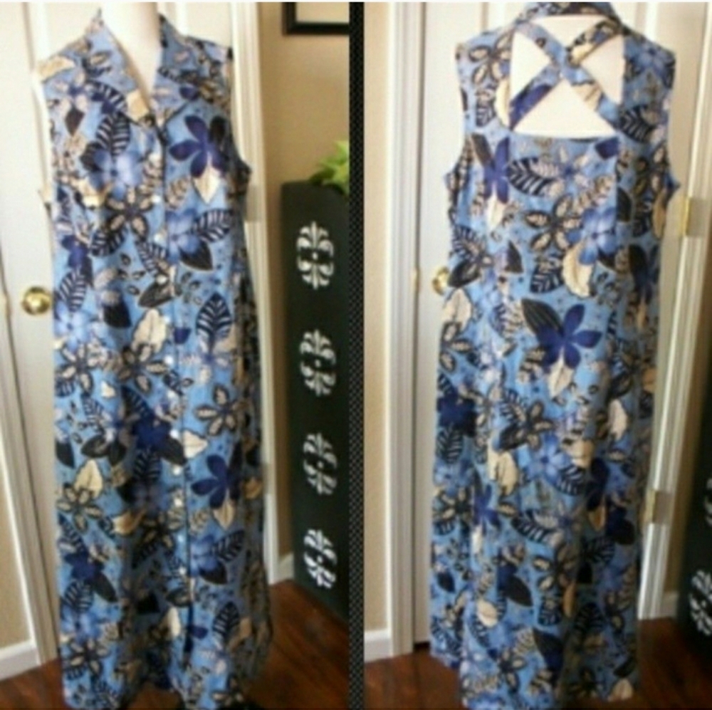 NWT MAXI DRESS LINEN CUT OUT SLEEVELESS BLUE TAN FLORAL SIZE 20 WOMANS